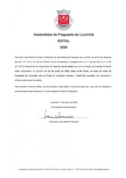 Edital Assembleia de Freguesia 25 Junho 2026